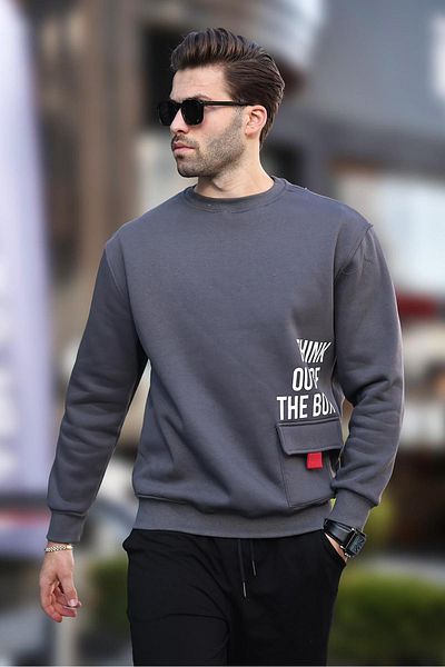 Madmext Ανδρικό φούτερ - Καπνιστό, Crew Neck, Raised Pocket Detailed, Printed, Model 7061