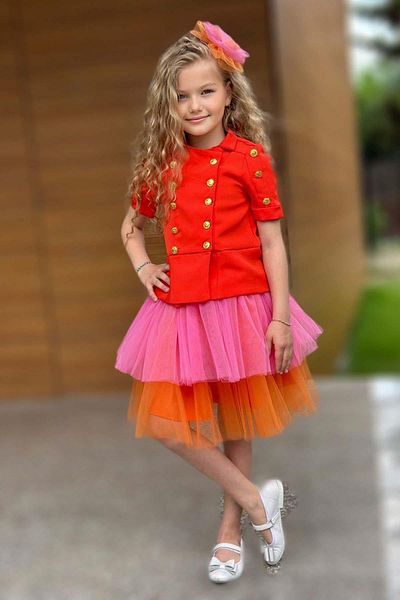 Riccotarz Girl's Gold Button Detailed Shirt and Double Orange Colored Skirt Suit