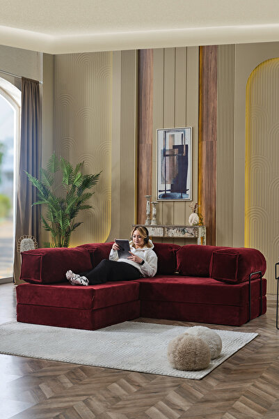 Dekoport Relax Sofa Köşe Takımı Fitilli Kadife, Yıkanabilir, Silinebilir, Pratik Yer Yatağı, 50 Dns Bondex