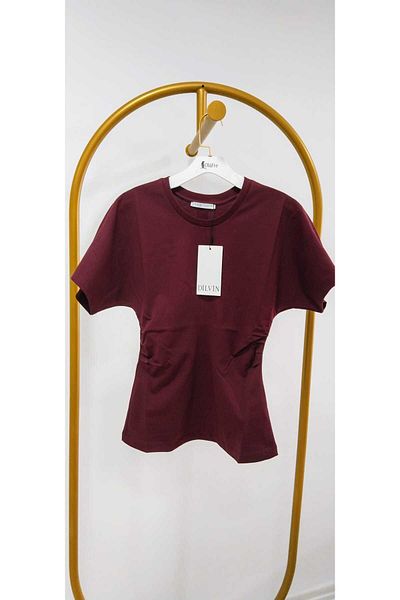 Dilvin 31585 Drape Detailed T-Shirt-Burgundy