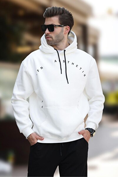 Madmext Ekru Kapüşonlu Cep Detaylı Nakışlı Erkek Sweatshirt 7054