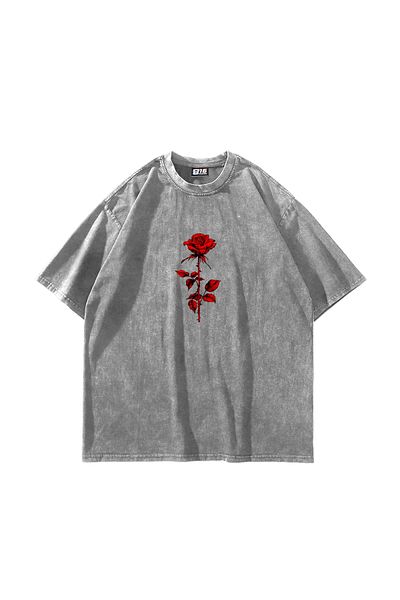 Sekizbiraltı Roses Lovers Printed Oversize Unisex Washed White Tshirt