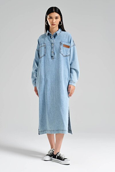 tw3 Γυναικείο μακρύ τζιν φόρεμα με σχισμή