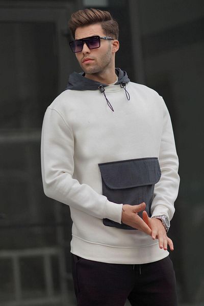 Madmext Ecrufarbenes Herren-Sweatshirt mit Kapuze und Kängurutasche 6138