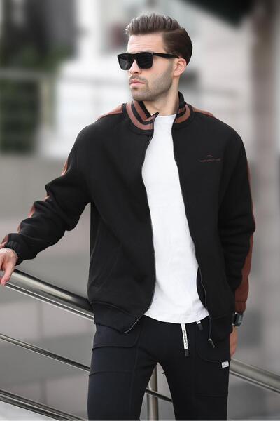 Madmext Cardigan pentru bărbați 7081 - negru, pe jumătate cu gât țesut, fermo...