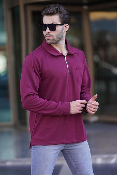 Madmext Ανδρικό φούτερ - Claret Red Polo λαιμόκοψη, φερμουάρ, μακρυμάνικο 7057