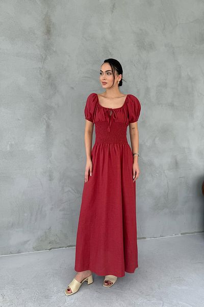 Seda Yalçın Atelier Burgundy Short Sleeve Dress with Gimped Front