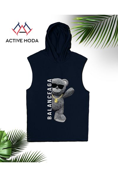 ACTIVE MODA -طقم شورت بدون أكمام مطبوع عليه دمية دب للرجال مكون من قطعتين مقاس كبير