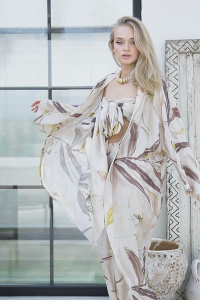 Mita Concept Linen Patterned Crop-Kimono-Pants Suit