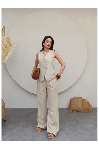 ESRAHELVACI Gold Buttoned Linen Trousers Set