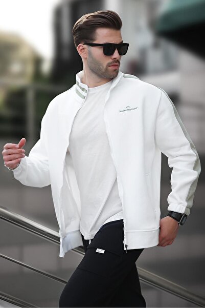 Madmext Cardigan pentru bărbați - Ecru, pe jumătate cu gât țesut, cu fermoar,...