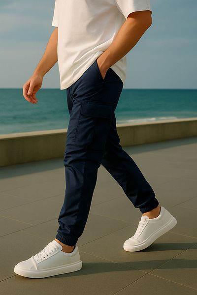 Pobudo Navy Blue Color Parachute Fabric Men's Trousers with Cargo Pocket