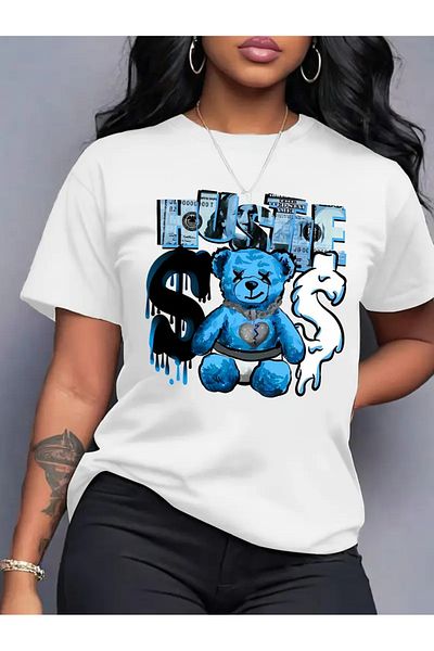 PENTHİLUS Women's Casual Teddy Bear Printed Short Sleeve T-Shirt