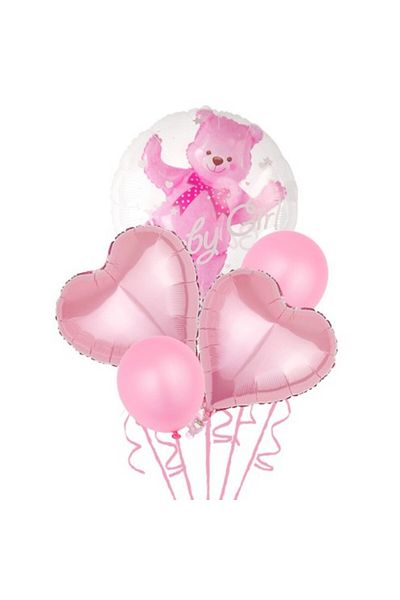 Flippy Baloane Aniversare, 5 bucati, 1 bucata urs, 2 inimi folie 2 simple din latex GIrl Boy 60 cm Roz