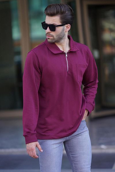 Madmext Ανδρικό φούτερ - Claret Red Polo λαιμόκοψη, φερμουάρ, μακρυμάνικο 7057