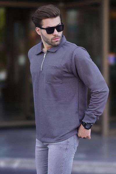 Madmext Ανδρικό μακρυμάνικο φούτερ με φερμουάρ Polo Neck 7057 - Smoked