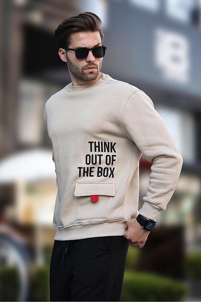 Madmext Ανδρικό φούτερ - Μπεζ, Crew Neck, Raised Pocket Detailed, Printed - 7061