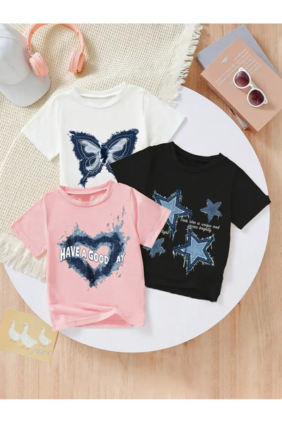 MORNİNG KİDS Μπλουζάκι για κορίτσια 3 συσκευασιών ροζ-μαύρο-λευκό Have a Good...