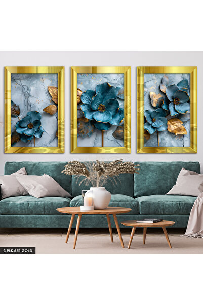 Evinemoda Zlatni list, plavi cvet, 3-dijelna slika od pleksiglasa sa ogledaln...