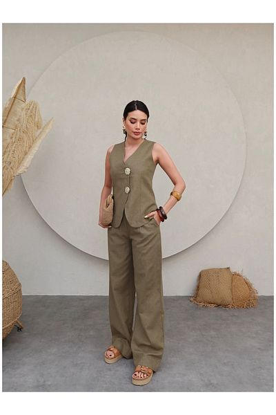 ESRAHELVACI Gold Buttoned Linen Trousers Set