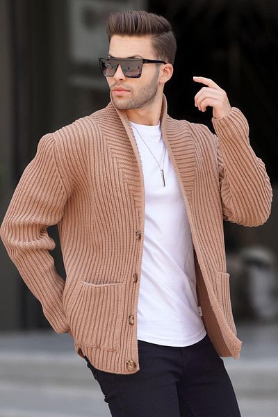 Madmext Camel Stand Collar Pocket Knitwear Cardigan 6815