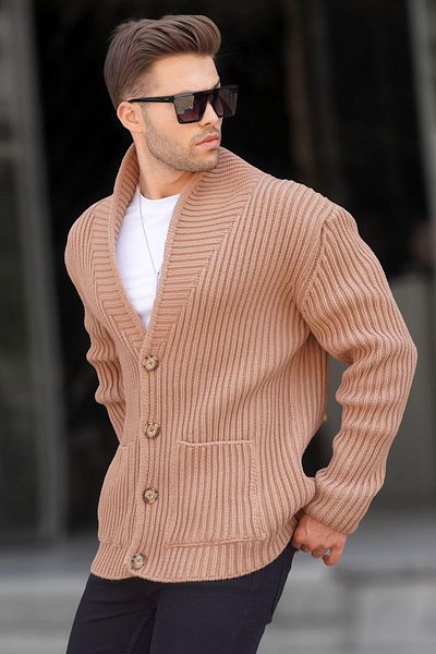 Madmext Camel Stand Collar Pocket Knitwear Cardigan 6815