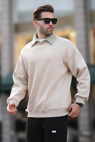 Madmext Ανδρικό φούτερ πόλο σε μπεζ λαιμόκοψη 7086