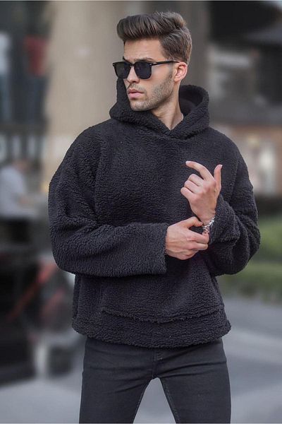 Madmext Μαύρο βελούδινο ανδρικό φούτερ Oversize 6160