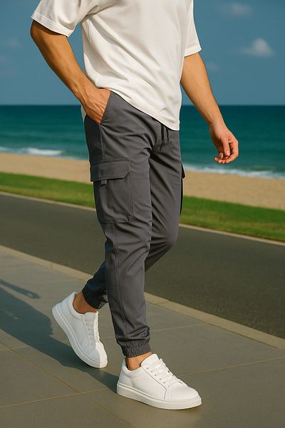 Pobudo Anthracite Color Parachute Fabric Men's Trousers with Cargo Pockets