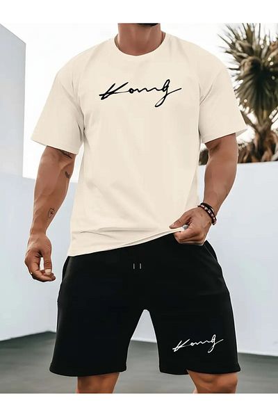 LAND MODA Stylish and Artistic Short Sleeve Shirt and Shorts Set for Men, Summer Outdoor Activities and Rest
