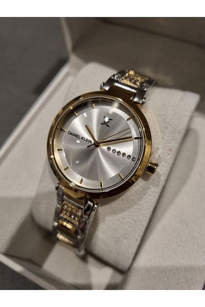 Daniel Klein New Model Dk - Yellow Bicolor Steel Bracelet Silver Dial Women's Wristwatch+Gift Bangle