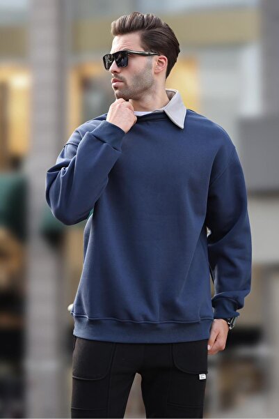 Madmext Lacivert Polo Yaka Erkek Sweatshirt 7086