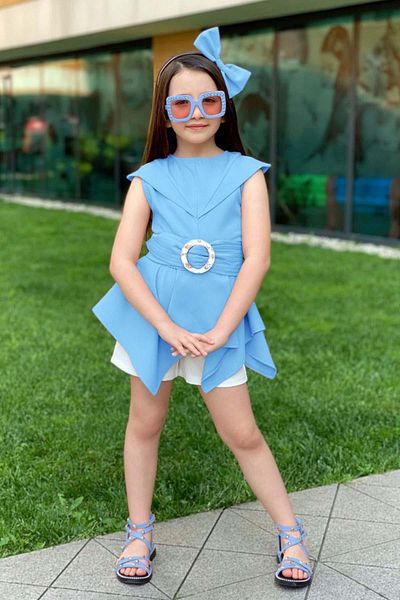 Riccotarz Costum pentru fete cu mâneci zero, cu tăietură asimetrică, cu centură, tunică albastră
