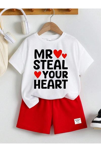 vinraus Girl\Boy White-Red Steal Your Heart Printed Combed Cotton Shorts-Tshirt Set