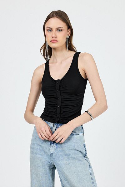 Rays Black U Neck Gathered Buttoned Undershirt 13298