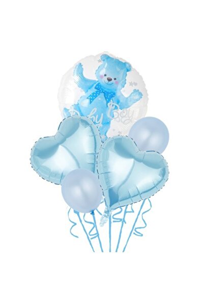Flippy Birthday/Anniversary Balloon Set, Flippy, 5 pcs (1 bear foil, 2 heart foil, 2 latex), Baby Boy, 60 c
