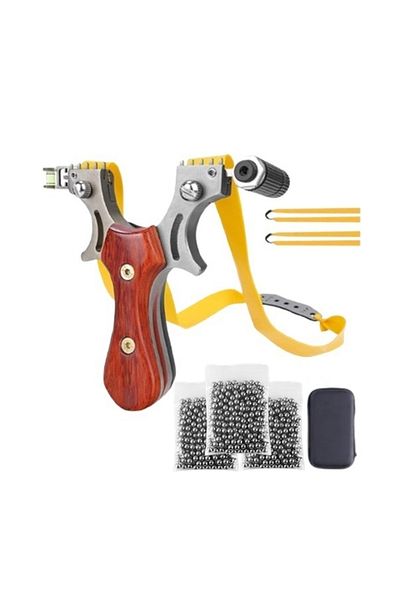 Depox Set praștie din metal cu laser și 300 bile metalice 6 mm, 12 cm, mâner din lemn, maro, cutie inclusă