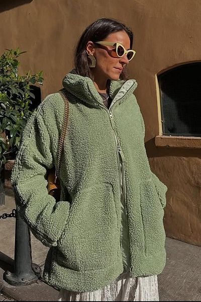 Madmext Mint Green Stand Collar Plush Coat with Pockets MG1966