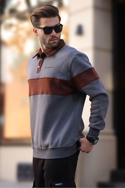 Madmext Men's Polo Collar Smoked Sweatshirt - Color Block, Model 7072