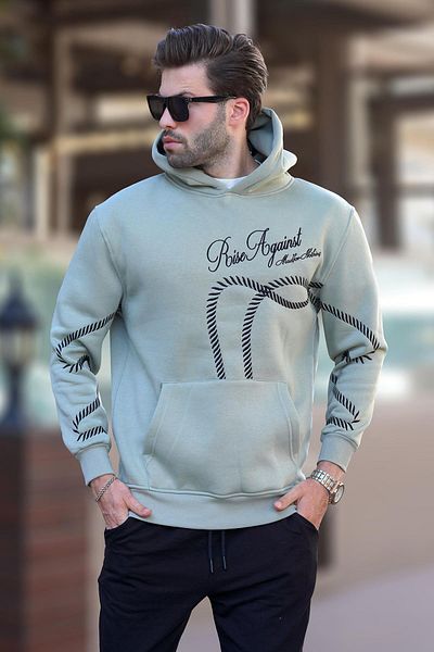 Madmext Ανδρικό φούτερ - Çağla Green Print, Hoodie και Pocket Detailed 7067