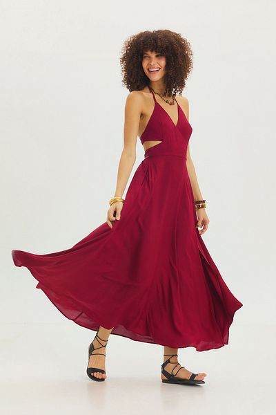Clandestino Deep Slit Bohemian Maxi Dress Burgundy