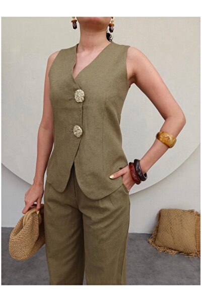 ESRAHELVACI Gold Buttoned Linen Trousers Set