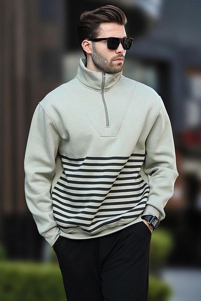Madmext Gestreiftes Sweatshirt - Grün, Reißverschlusskragen, 7056
