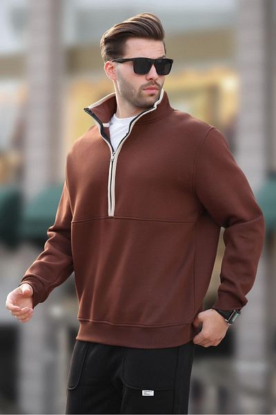 Madmext Φούτερ με γιακά με μισό φερμουάρ Bitter Brown 7079