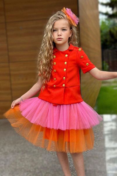 Riccotarz Girl's Gold Button Detailed Shirt and Double Orange Colored Skirt Suit