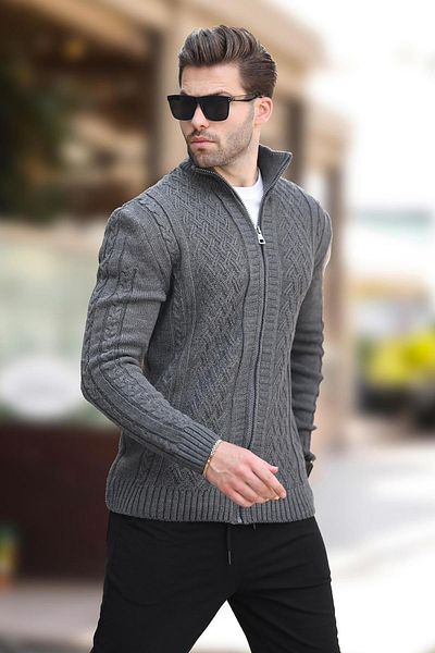 Madmext 7271 Model Anthracite Stand Collar and Zippered Knitted Cardigan