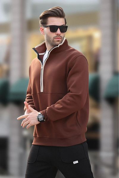 Madmext Φούτερ με γιακά με μισό φερμουάρ Bitter Brown 7079