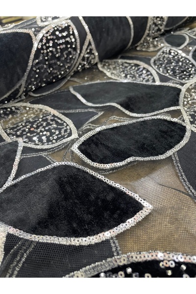 METERİAL 135 cm Enli Siyah Payetli Kadife Aplikli Tül Kumaş - Lüks Abiye ve E...