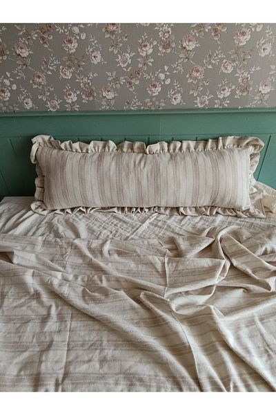 Kubrahobi Linen Fabric 30 X 80 Padded Ruffle Beige Coffee Striped Long Pillow