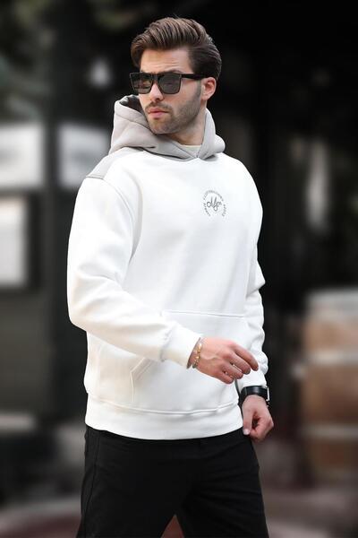 Madmext Ekru Kapüşonlu Renk Bloklu Nakış Detaylı Erkek Sweatshirt 7088